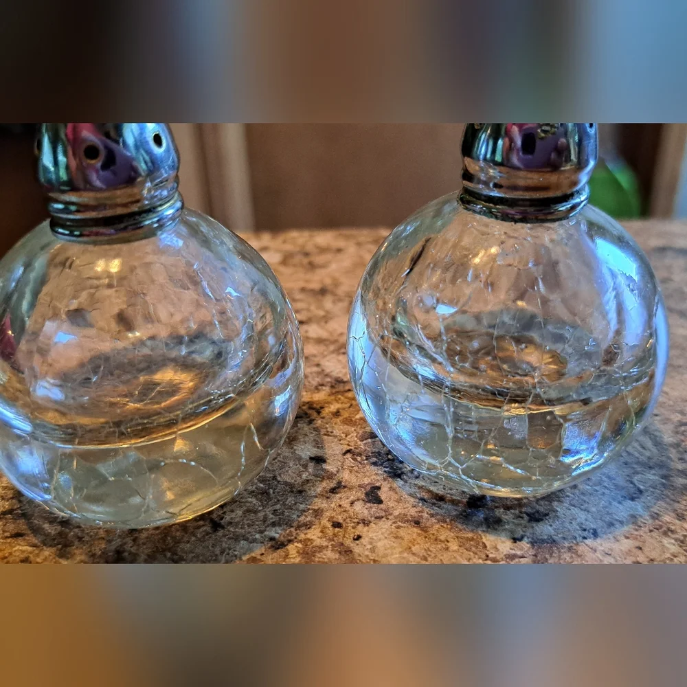 Vintage Round Crackle Glass Salt & Pepper Shakers, Sterling Silver Tops
